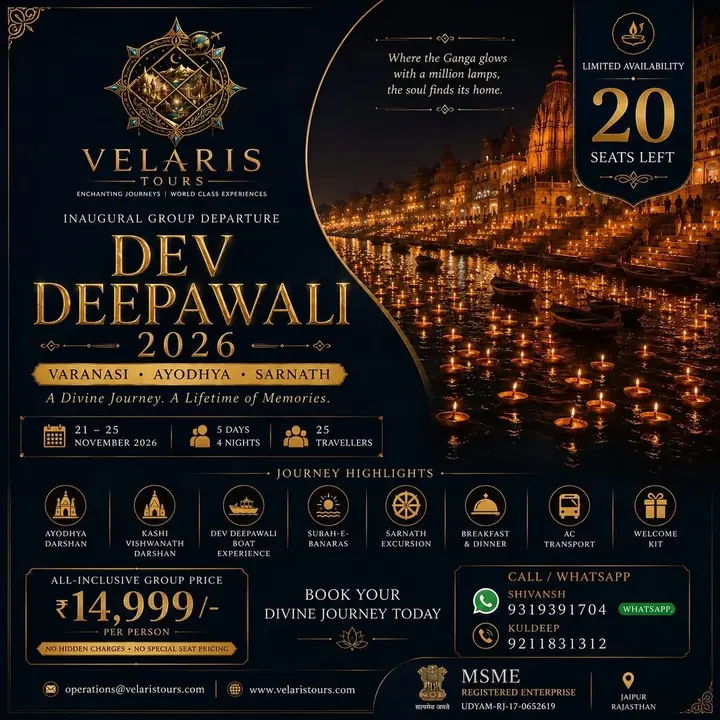 Dev Deepawali 2026 – Ayodhya & Varanasi by Velaris Tours poster